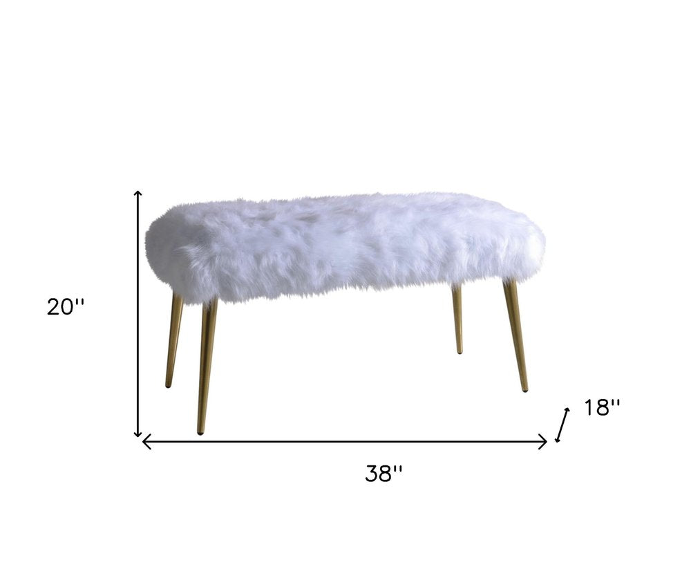 18" White and Gold Upholstered Faux Fur Bench