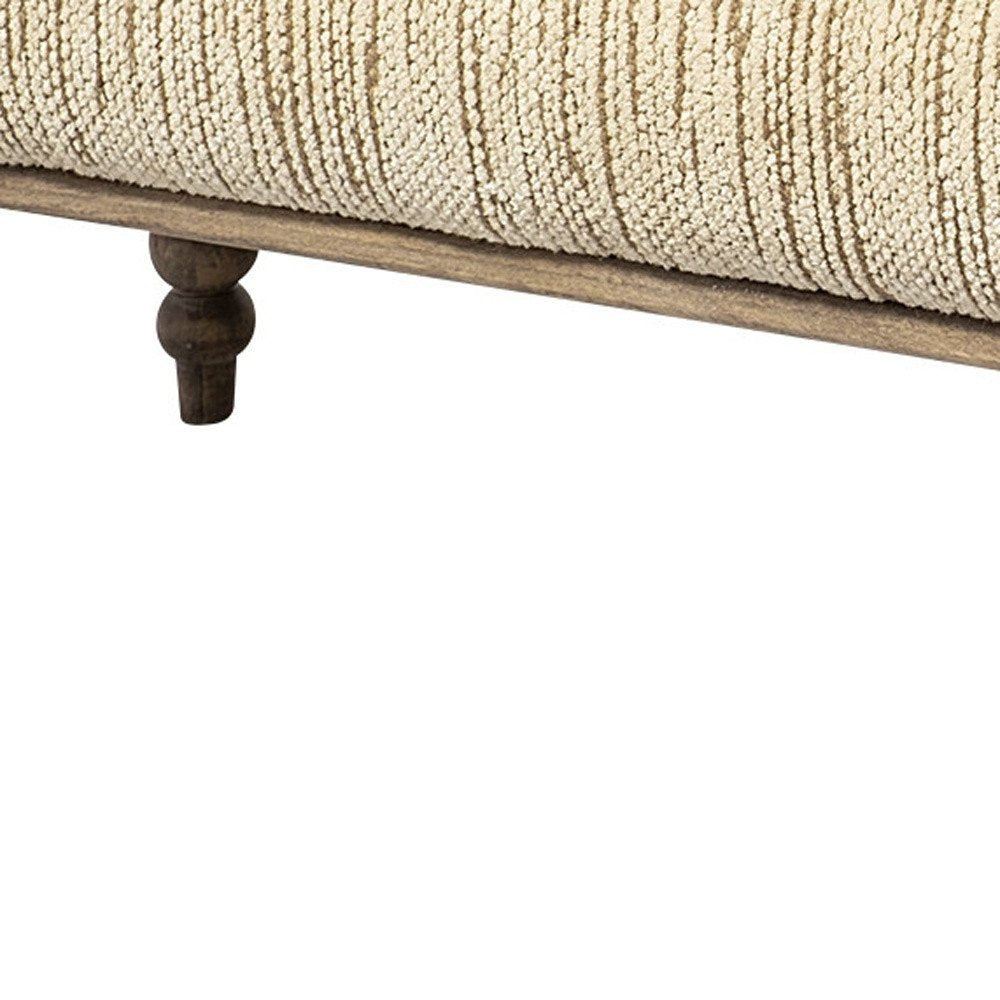 55" Cream and Wood Brown Upholstered Fabric Bench