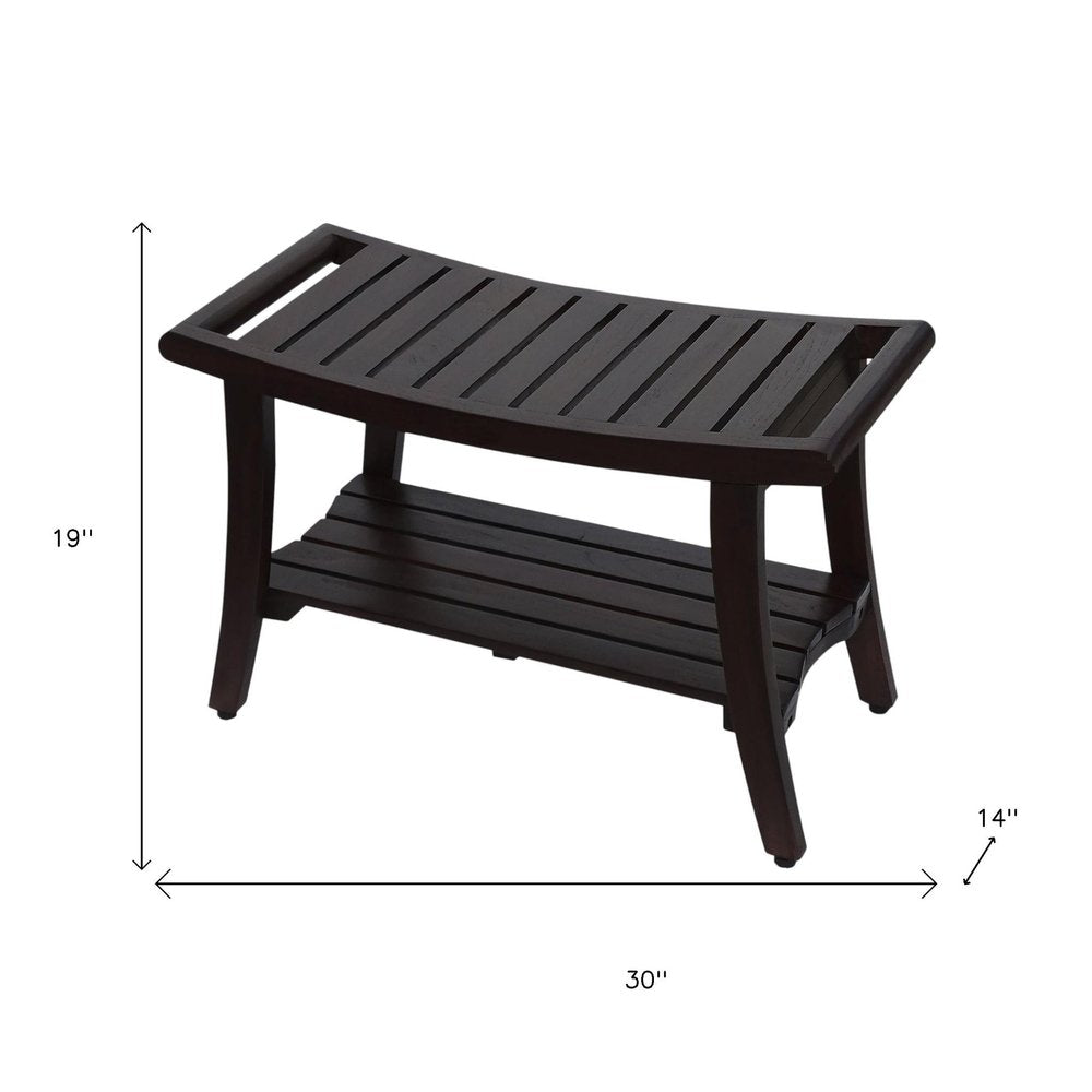 30" Dark Brown Teak Rectangular Shower Bench With Shelf