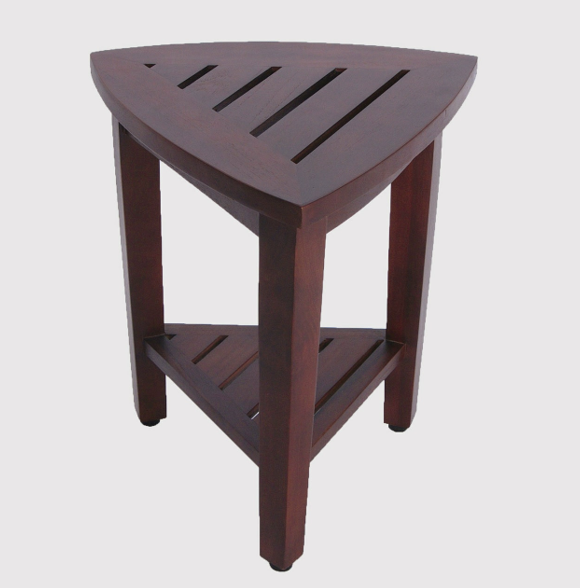 Compact Teak Corner Shower Outdoor Bench With Shelf In Brown Finish