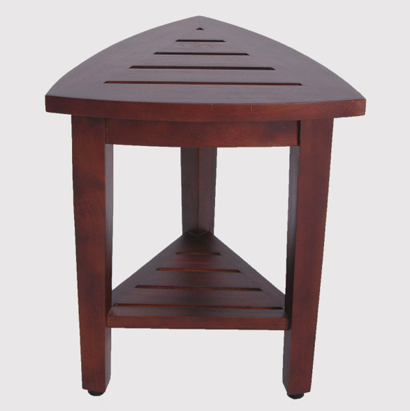 Compact Teak Corner Shower Outdoor Bench With Shelf In Brown Finish