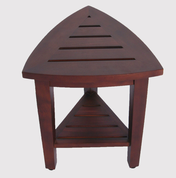 Compact Teak Corner Shower Outdoor Bench With Shelf In Brown Finish