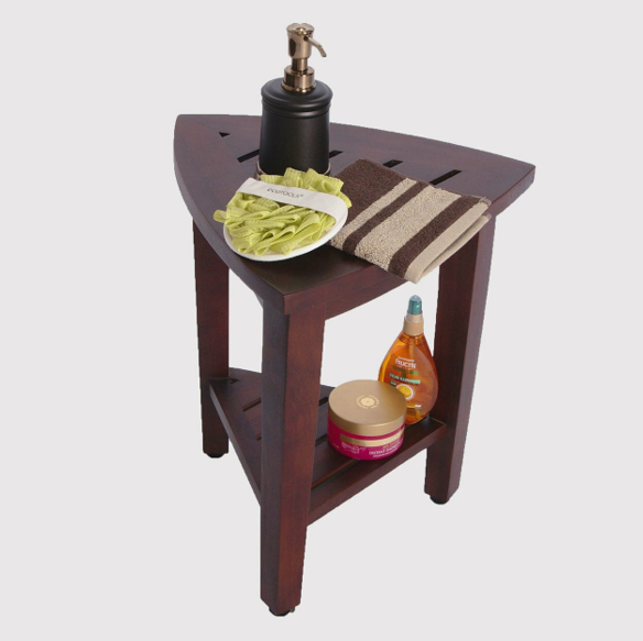 Compact Teak Corner Shower Outdoor Bench With Shelf In Brown Finish