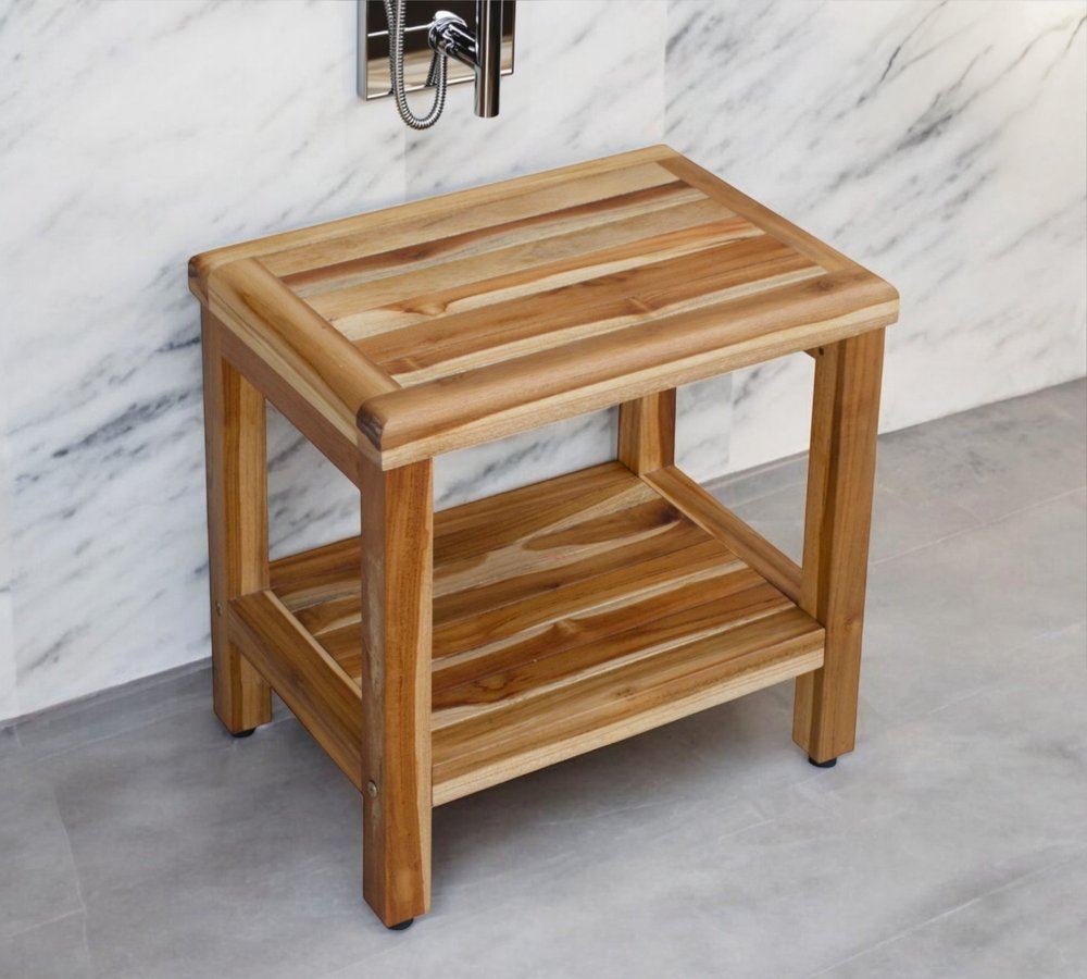 18" Contemporary Teak Shower Stool Or Bench With Shelf In Natural Finish