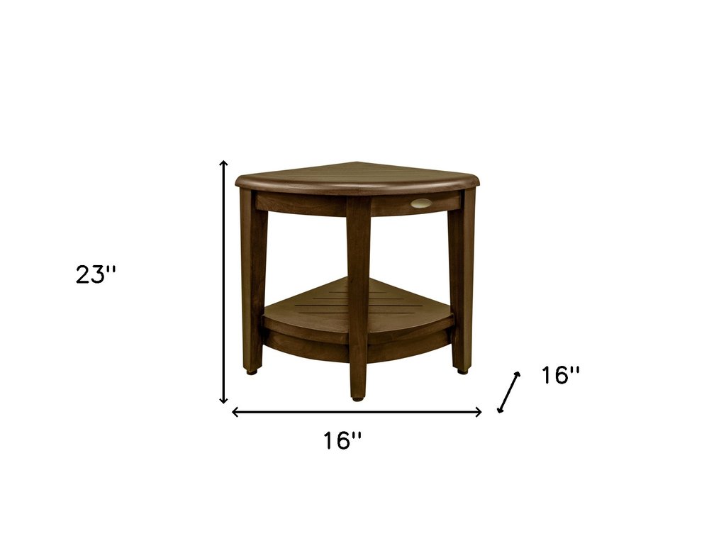 Curvilinear Dark Brown Teak 18" Corner Shower Bench With Shelf
