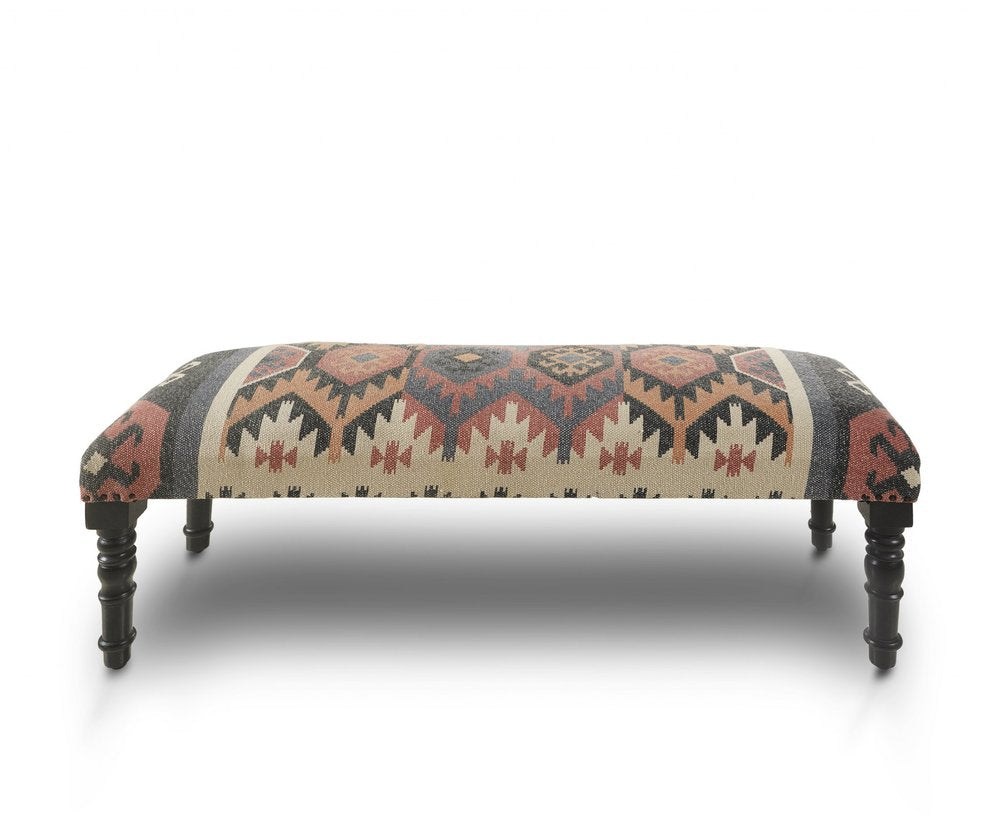 47" Beige Brown and Rust and Black Jute and Wool Blend Upholstered Southwest Distressed Bench