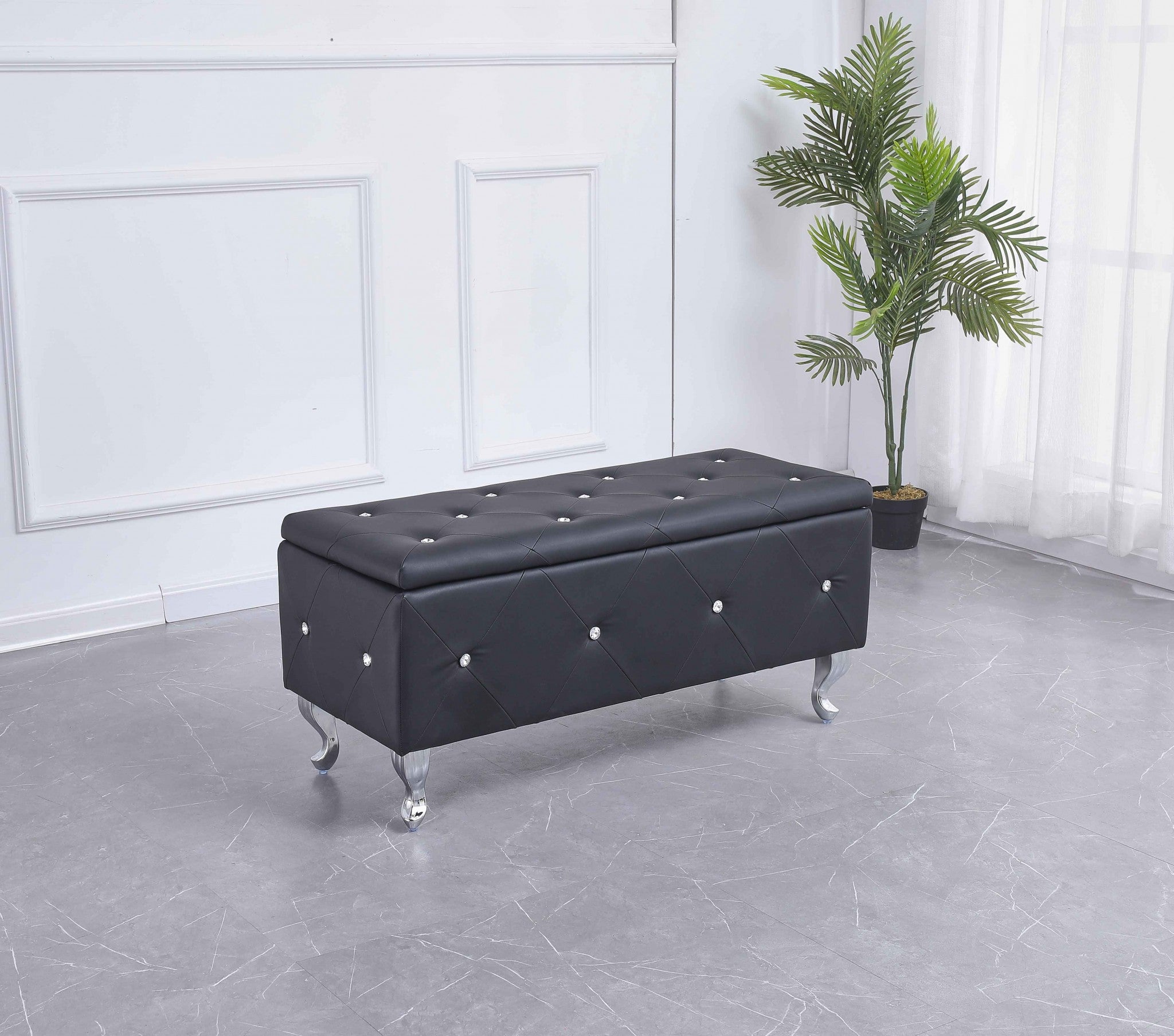 38" Black and Silver Faux Leather Storage Bench With Flip Top-My Store