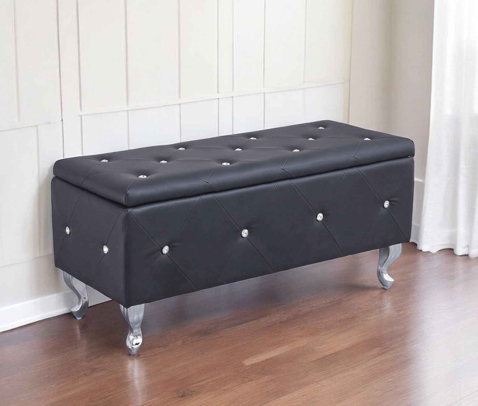 38" Black and Silver Faux Leather Storage Bench With Flip Top-My Store