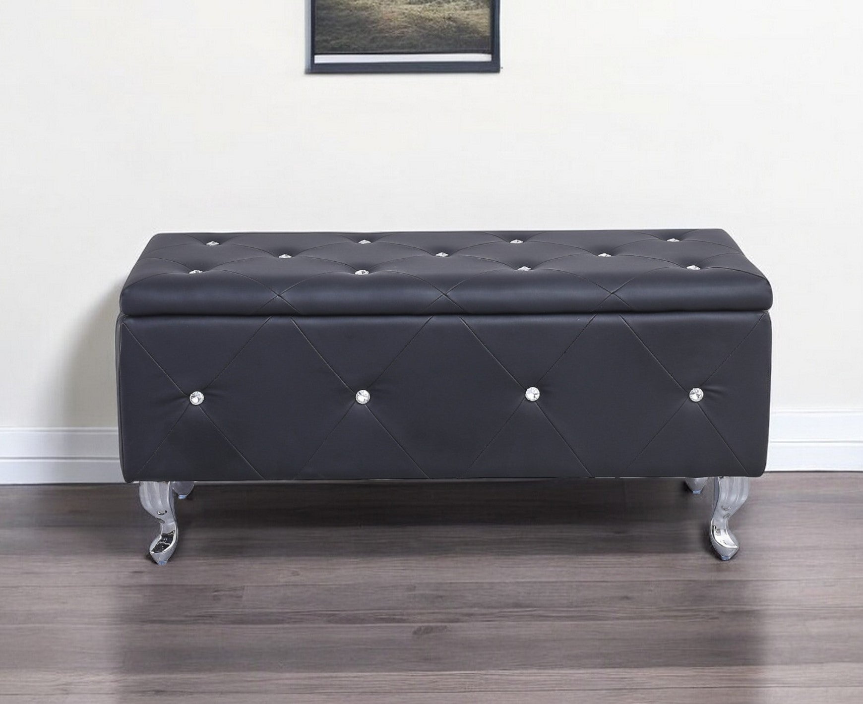 38" Black and Silver Faux Leather Storage Bench With Flip Top-My Store