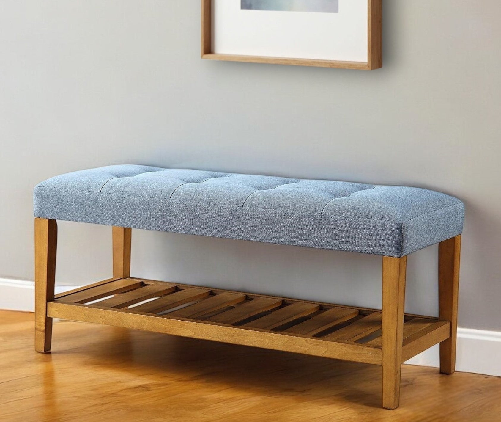 40" Blue and Brown Tufted Fabric Upholstered Storage Bench with Shelves