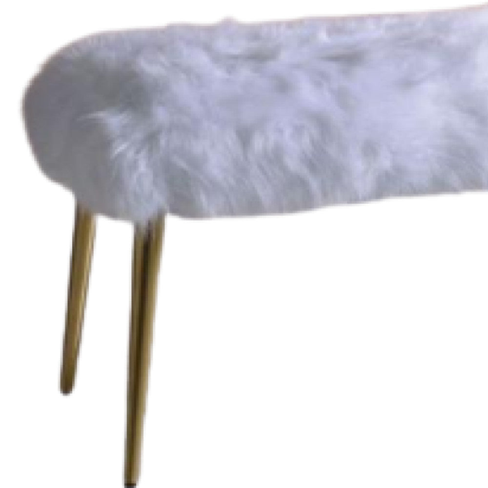 18" White and Gold Upholstered Faux Fur Bench-My Store