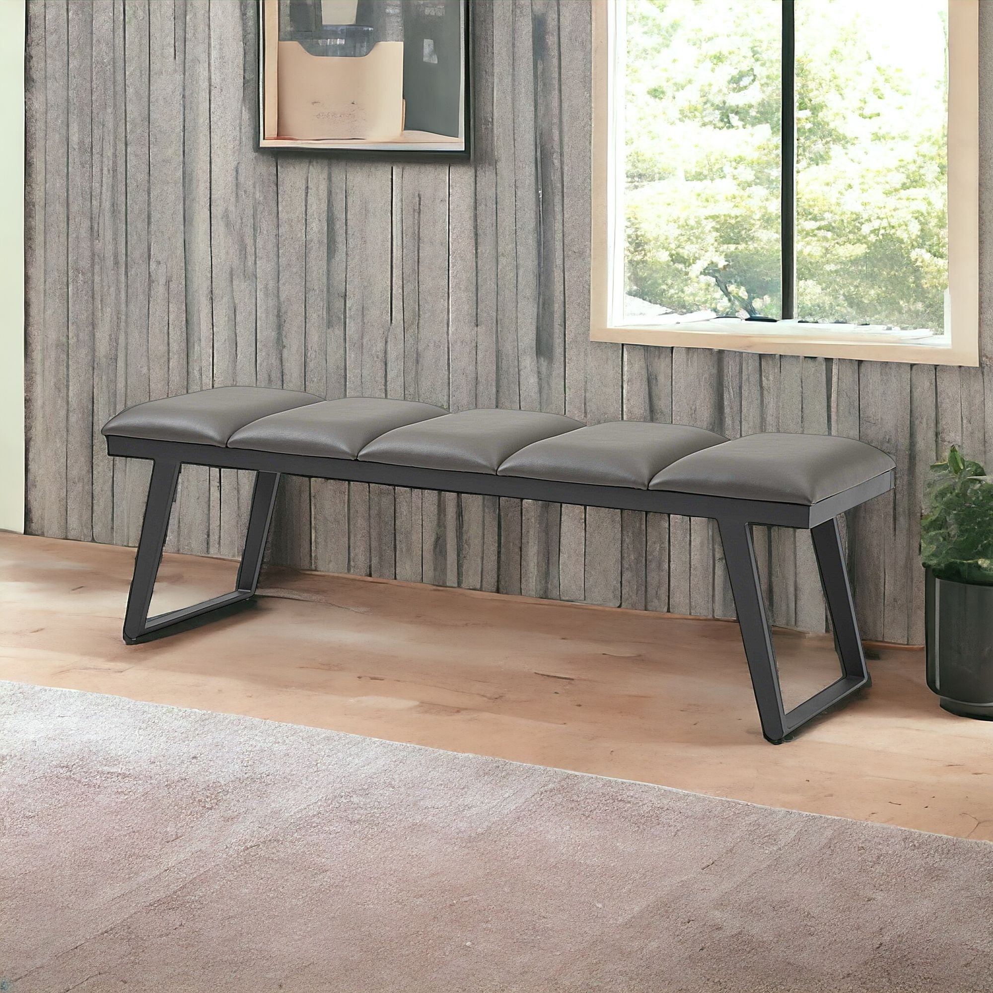 57" Gray Upholstered Faux Leather Bench-My Store