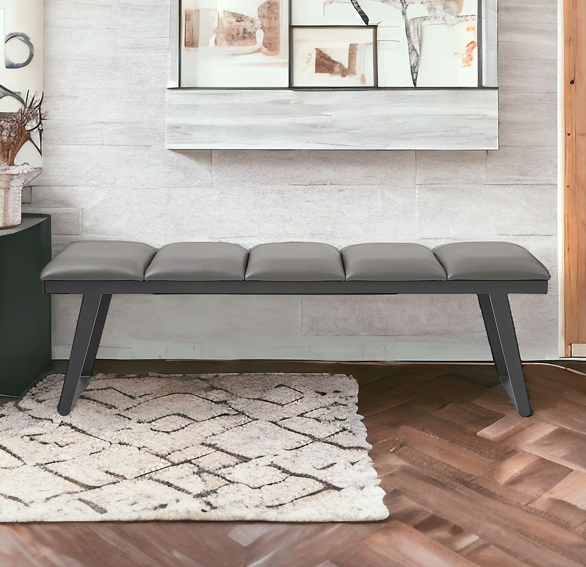 57" Gray Upholstered Faux Leather Bench-My Store