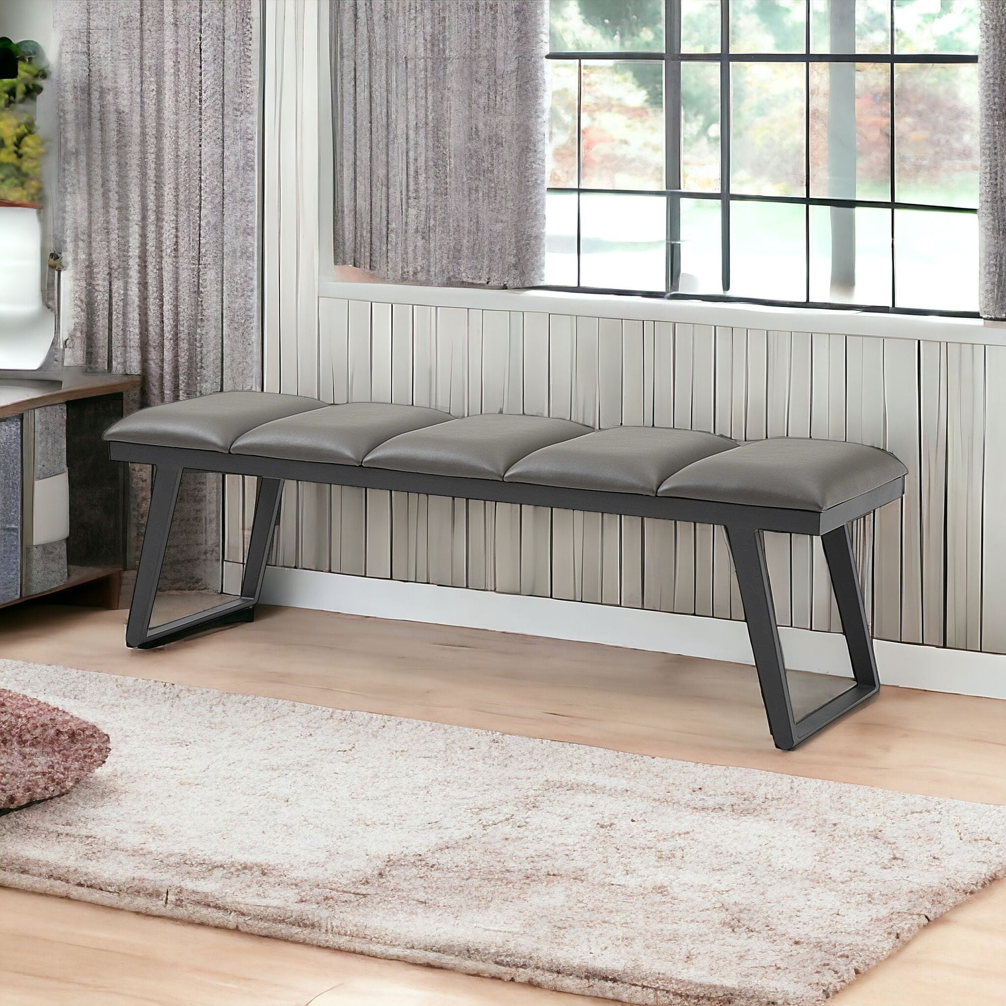 57" Gray Upholstered Faux Leather Bench-My Store