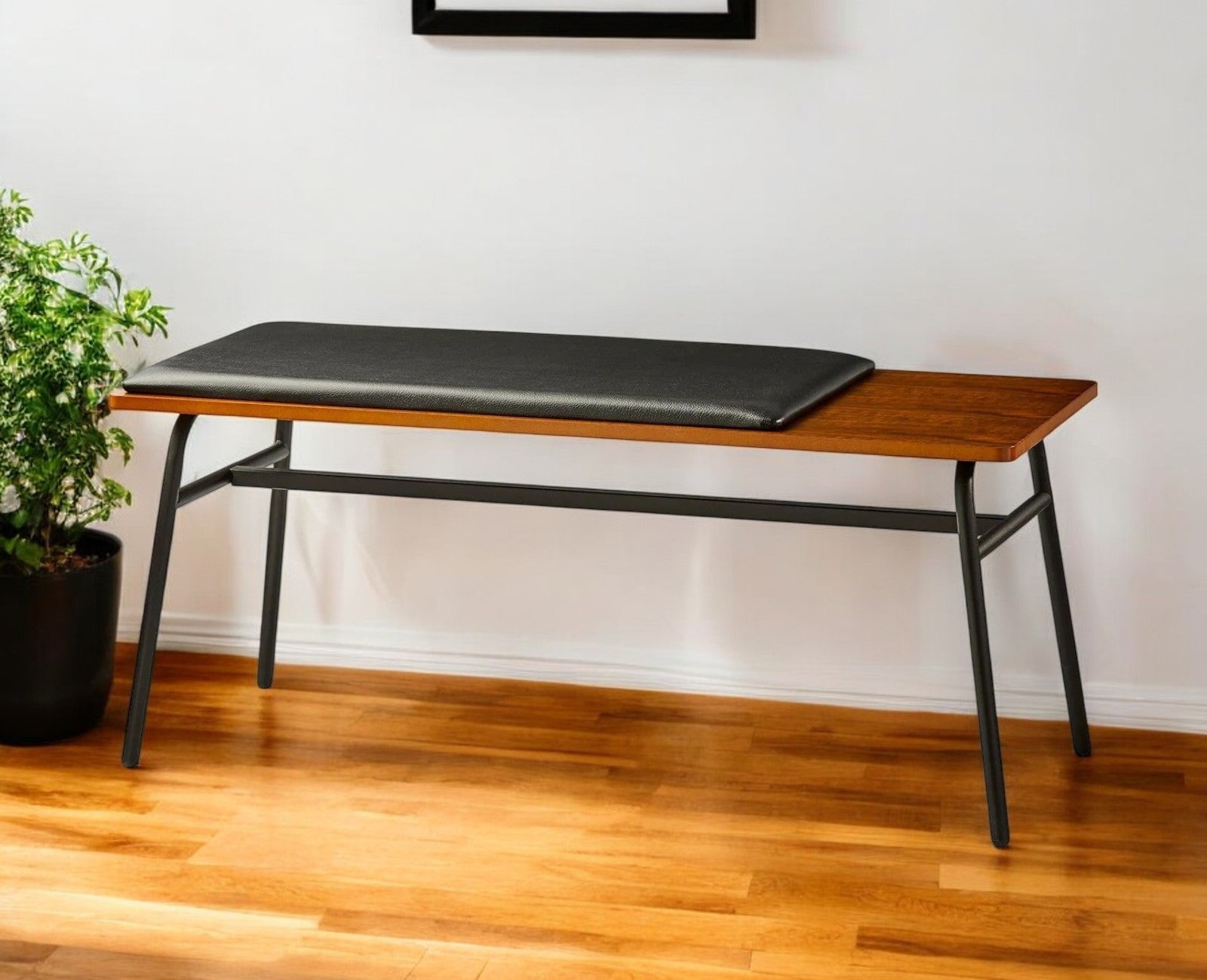 39" Brown and Black and Black Upholstered Faux Leather Bench