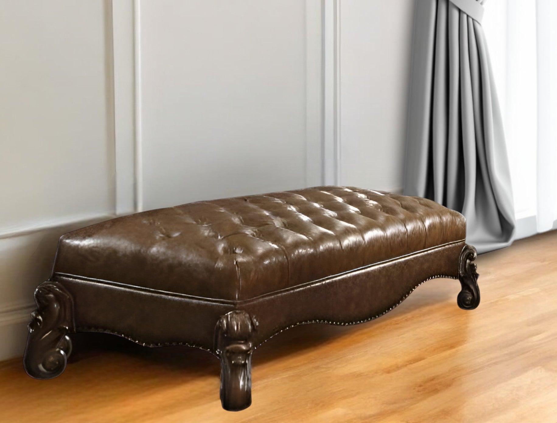 65" Brown Tufted Faux Leather Upholstered Bench-My Store