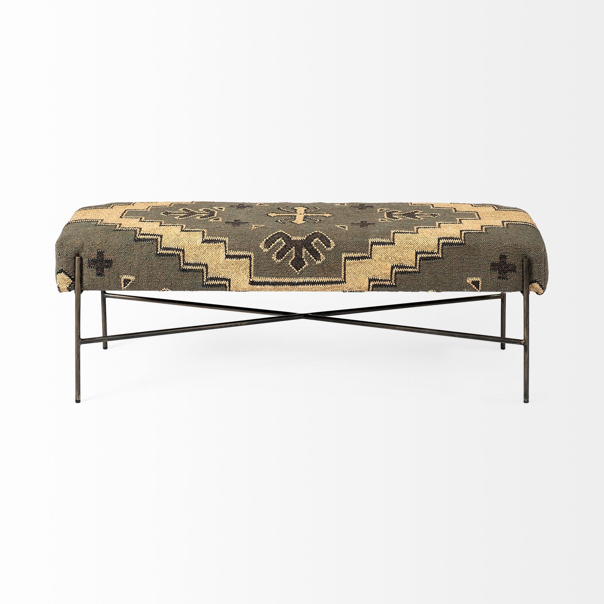 55" Green and Brown and Black Upholstered Cotton Blend Abstract Bench