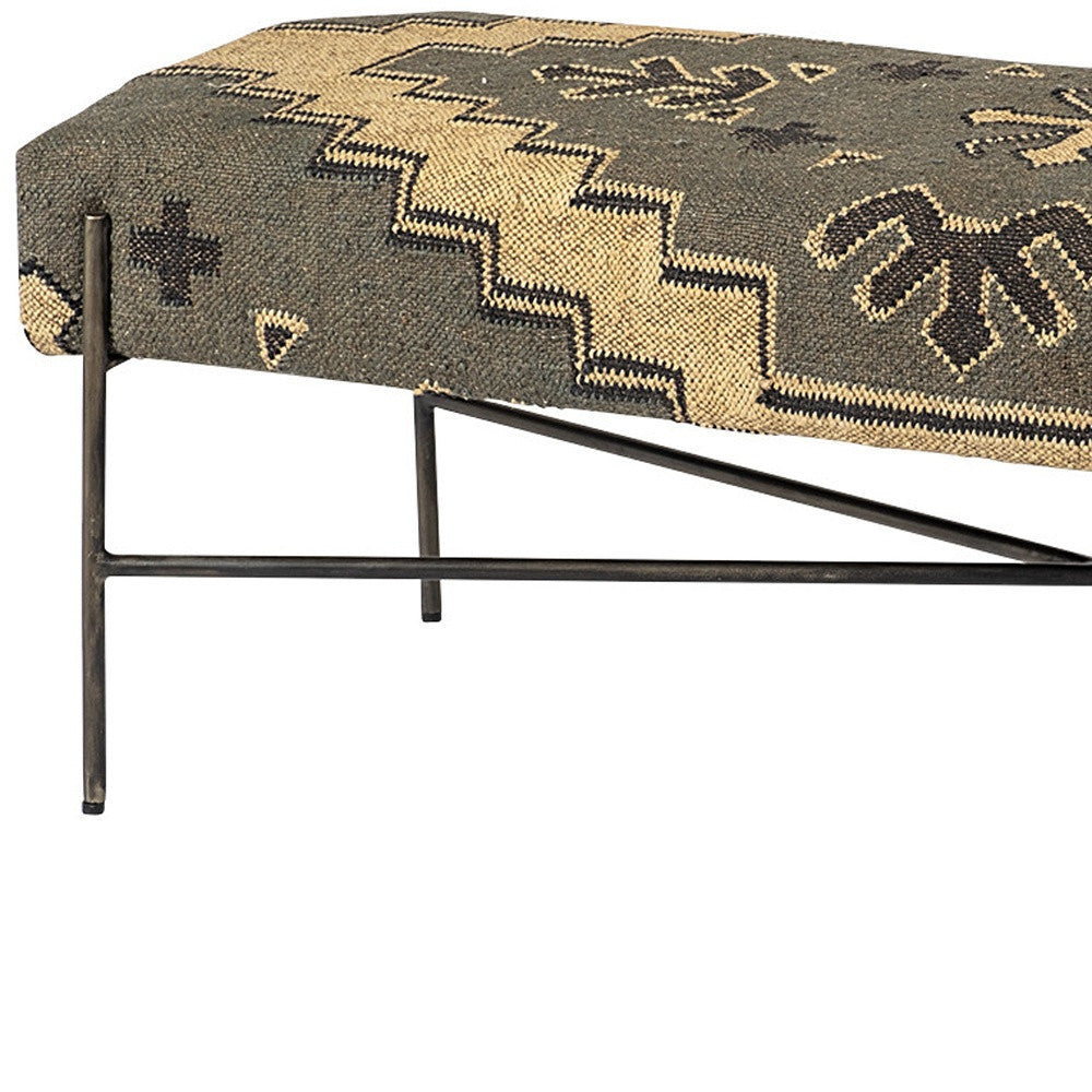 55" Green and Brown and Black Upholstered Cotton Blend Abstract Bench