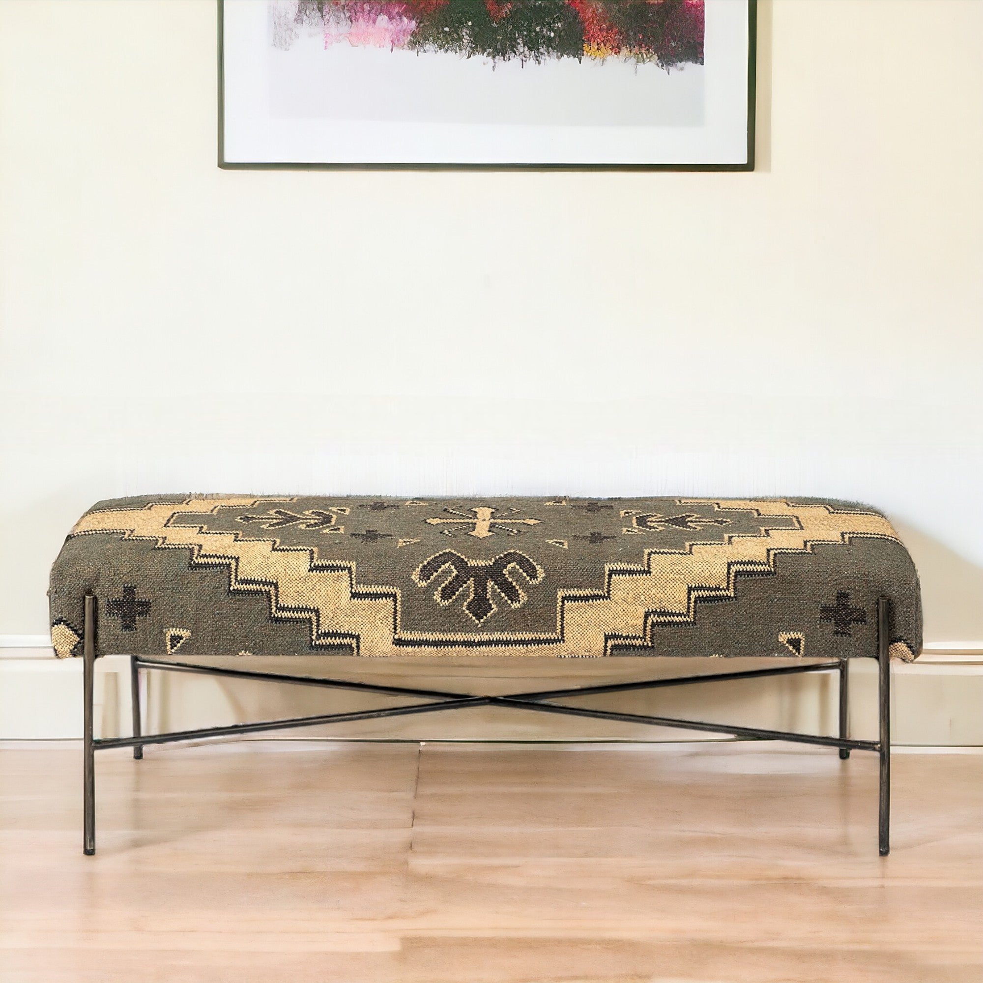 55" Green and Brown and Black Upholstered Cotton Blend Abstract Bench-My Store