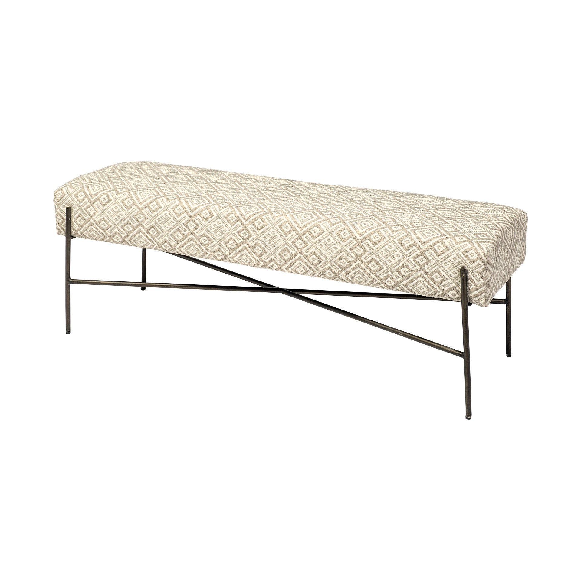 17" Cream and Black Upholstered Cotton Blend Geometric Bench