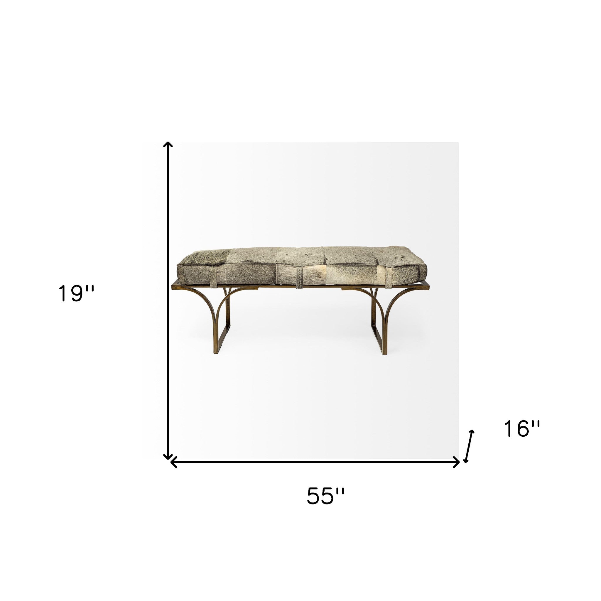 55" Gray and Antiqued Brass Faux Fur Upholstery Bench