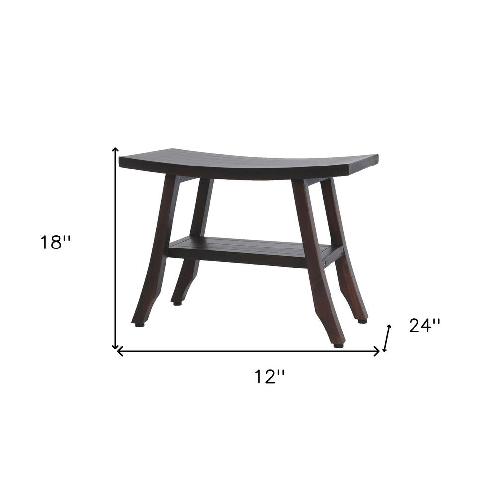 24" Dark Brown Teak Shower Bench With Shelf