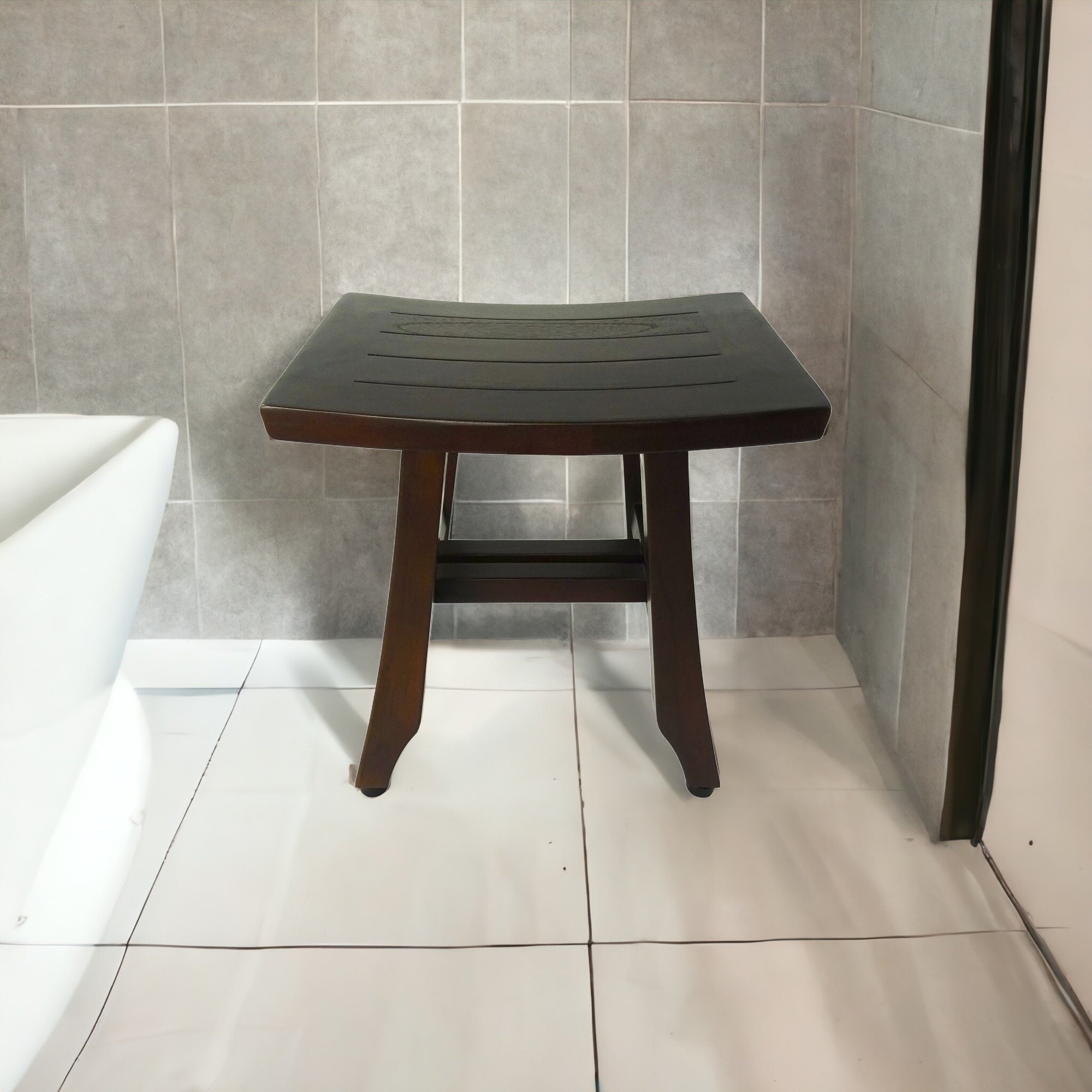 Compact Curvilinear Teak Shower Or Outdoor Bench In Brown Finish-My Store