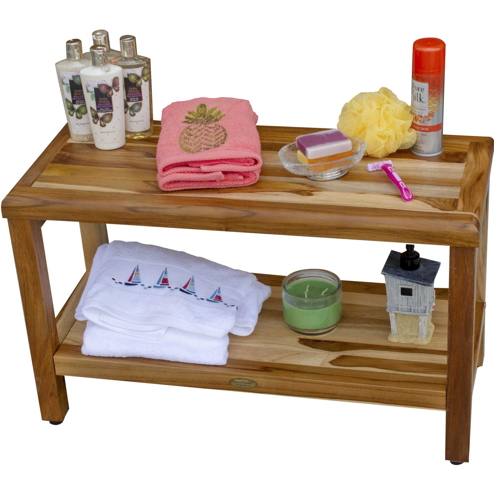 Rectangular Teak Shower Bench With Shelf In Natural Finish-My Store