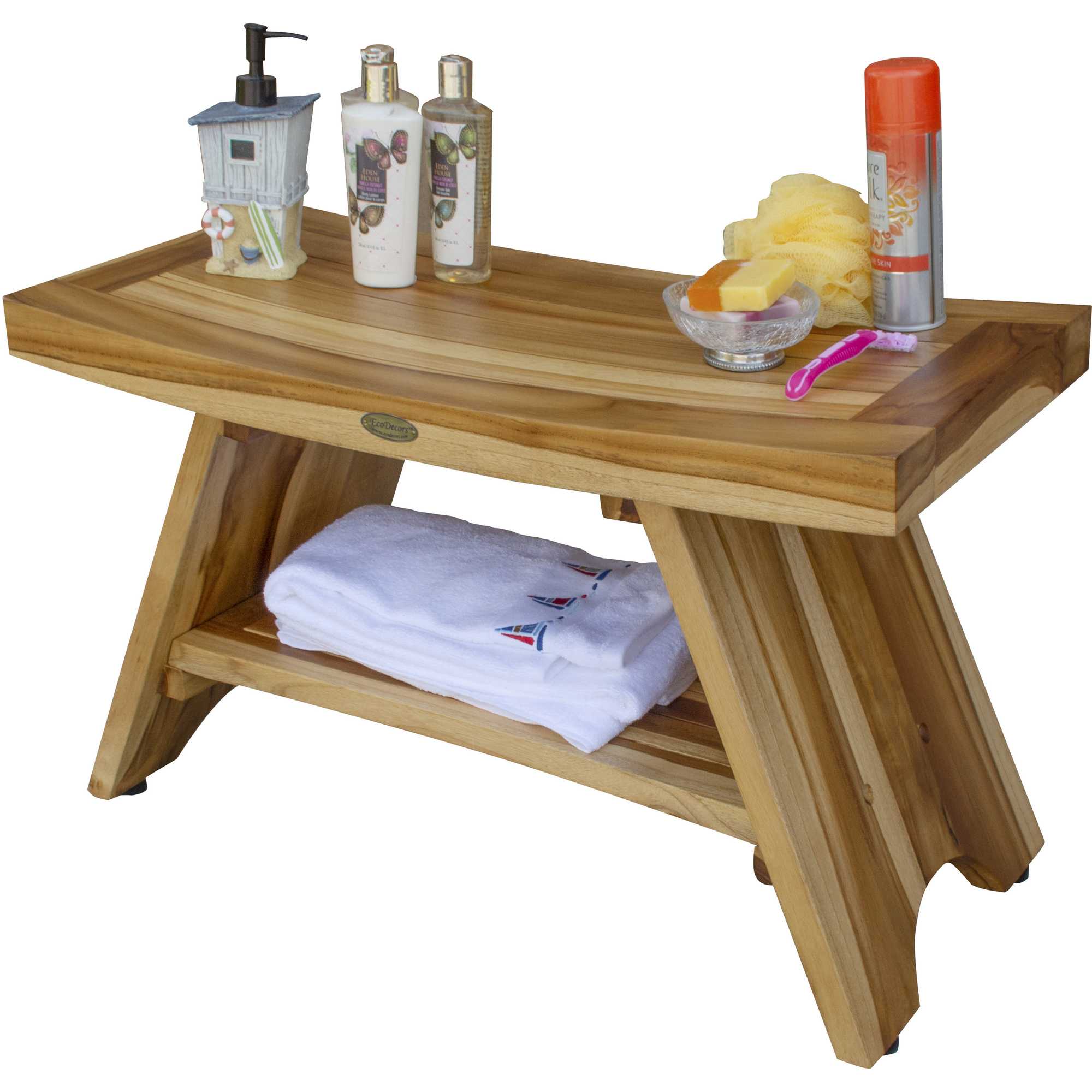 Rectangular Teak Shower Stool Or Bench With Shelf In Natural Finish-My Store