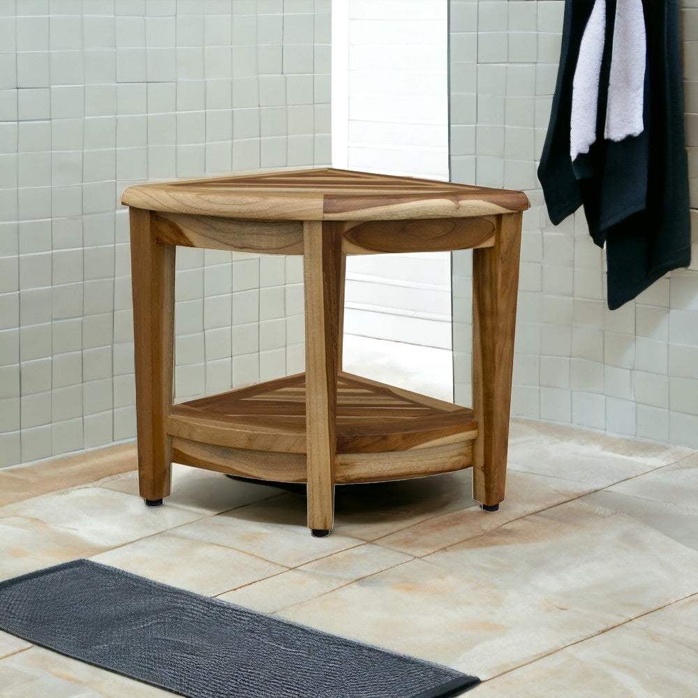 19" X 22" Natural Teak Corner Shower Bench With Shelf-My Store