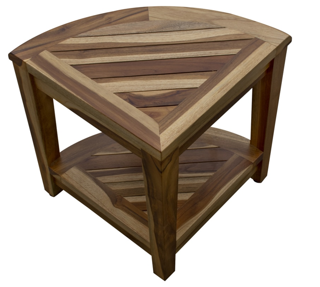 22" Natural Teak Corner Shower Bench With Shelf
