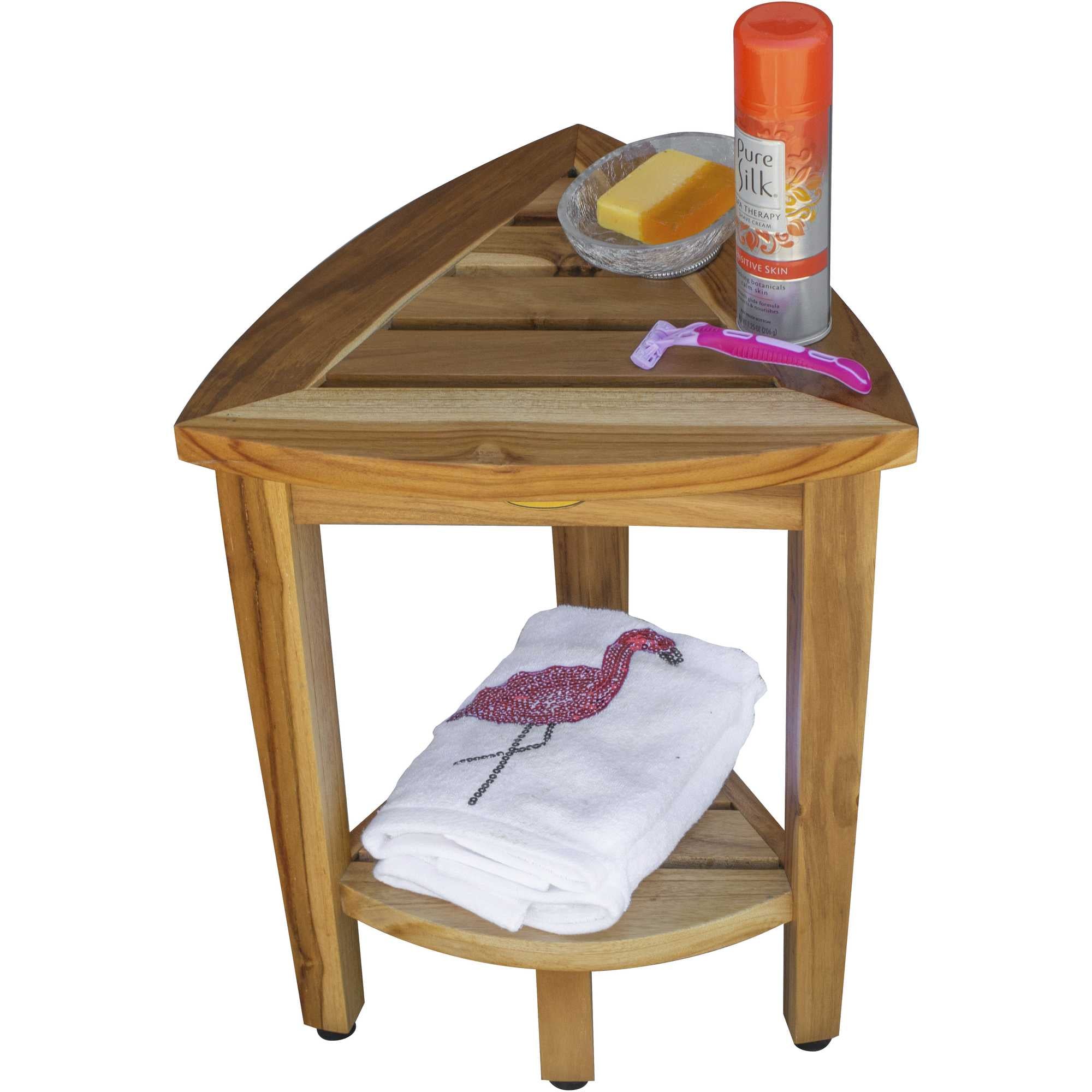 Compact Teak Corner Shower Or Outdoor Bench With Shelf In Natural Finish-My Store