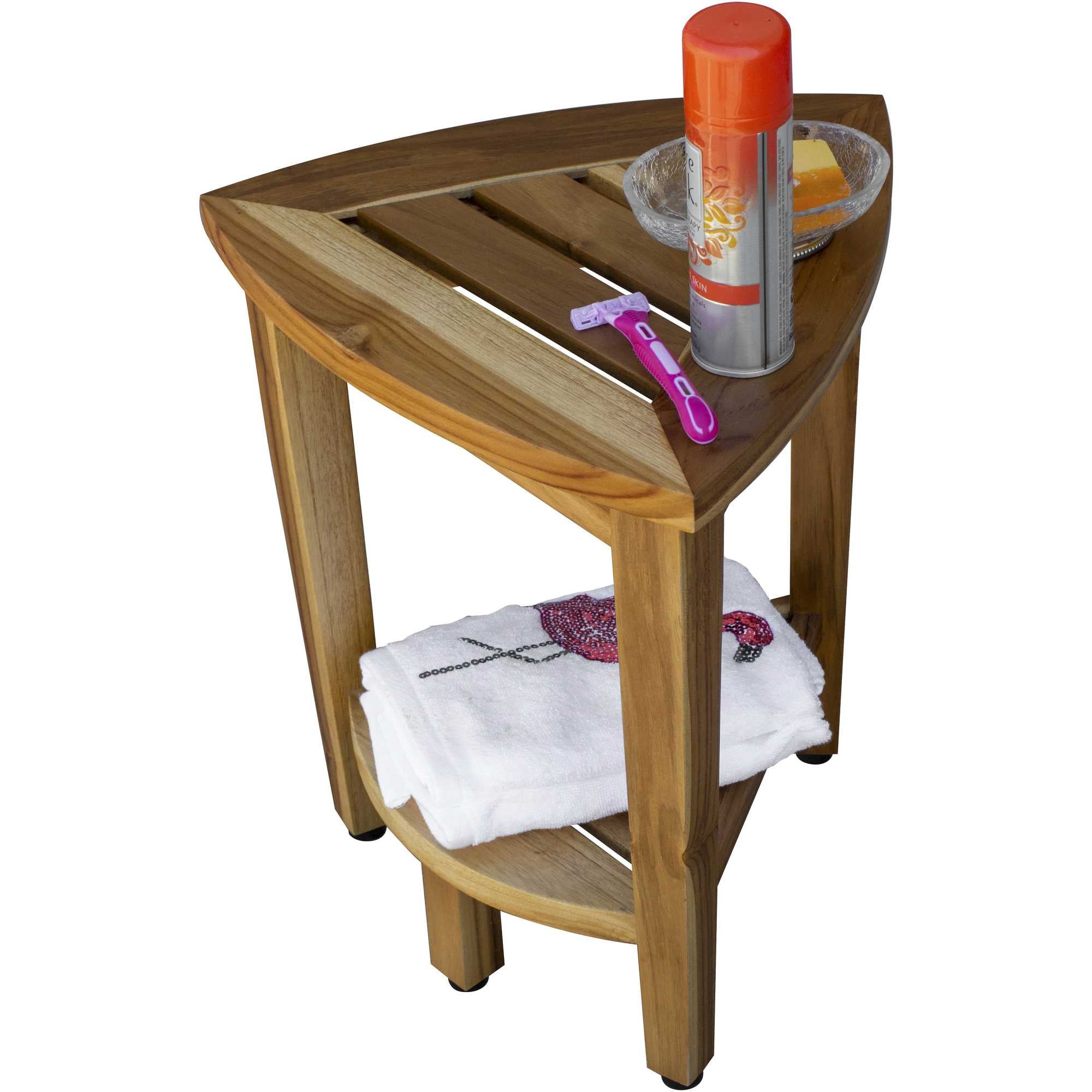 Compact Teak Corner Shower Or Outdoor Bench With Shelf In Natural Finish-My Store