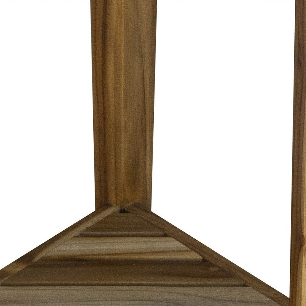 Compact Teak Corner Shower Or Outdoor Bench With Shelf In Natural Finish