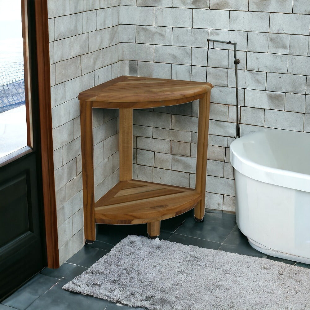 18" X 17" Brown Teak Corner Shower Bench With Shelf-My Store