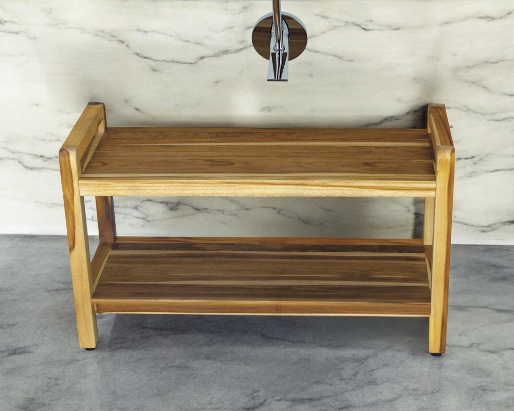 35" Natural Teak Rectangular Shower Bench With Shelf