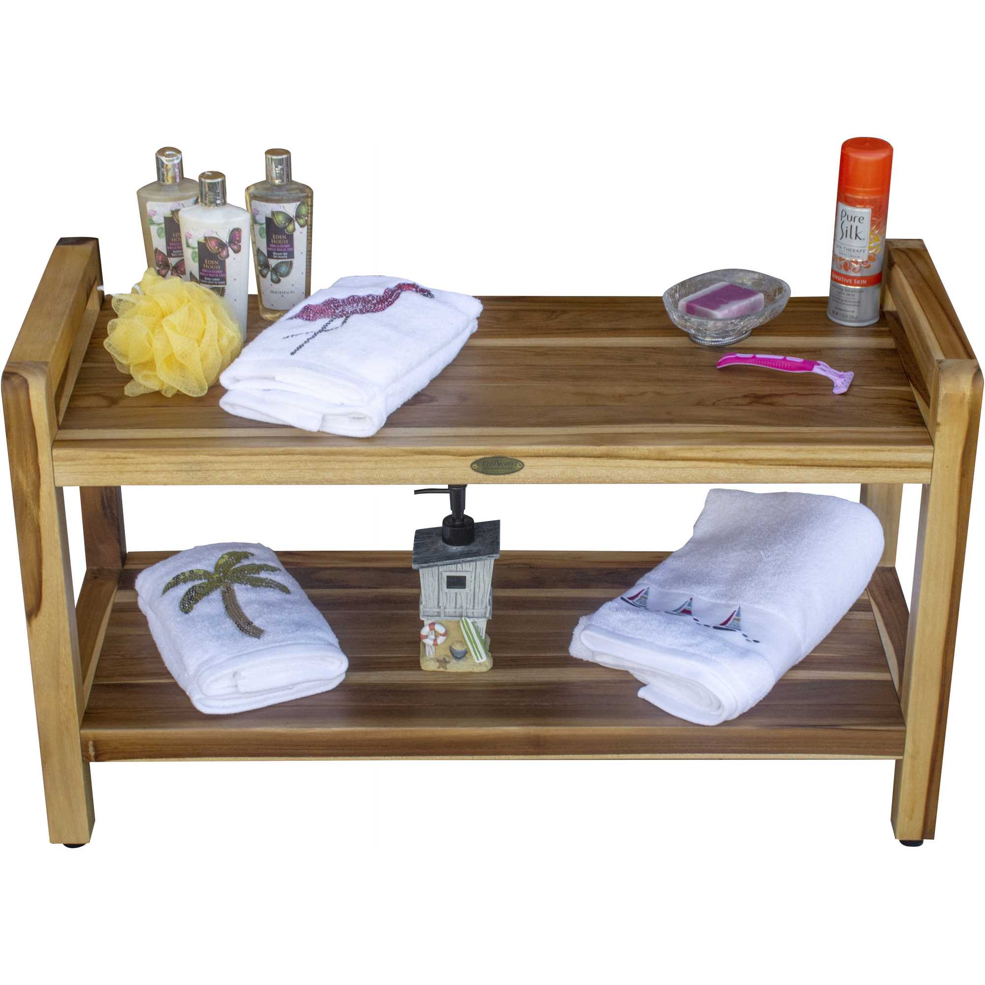 Rectangular Teak Shower Bench With Handles In Natural Finish-My Store