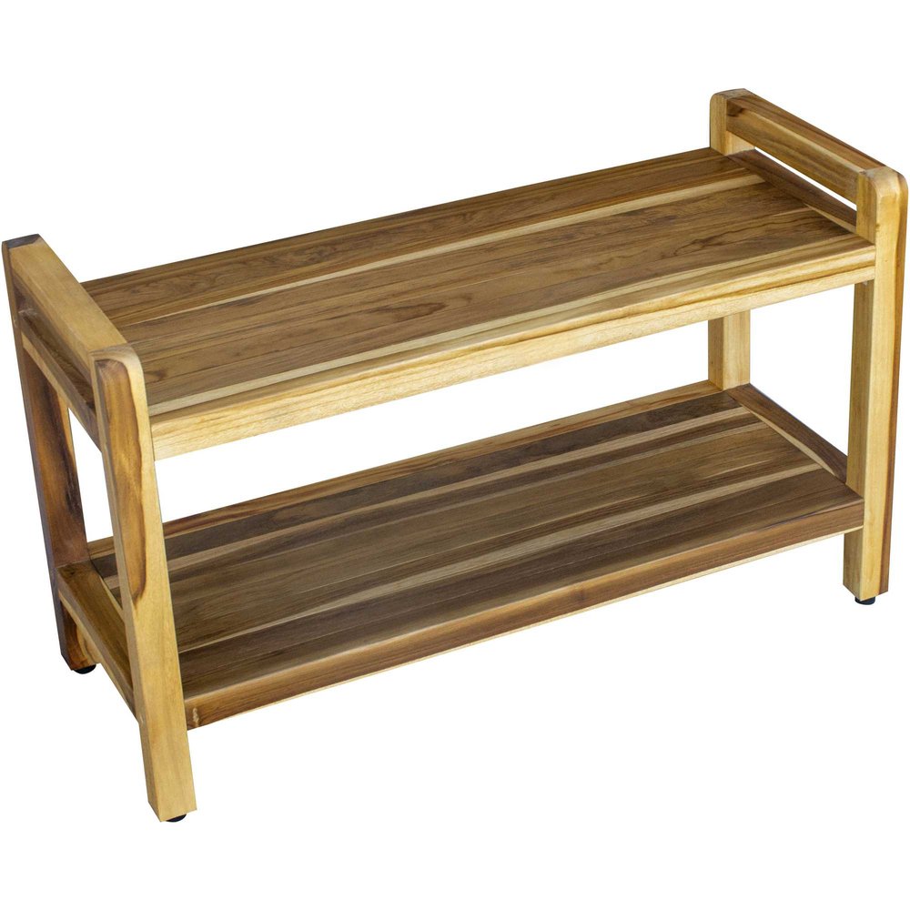 35" Natural Teak Rectangular Shower Bench With Shelf