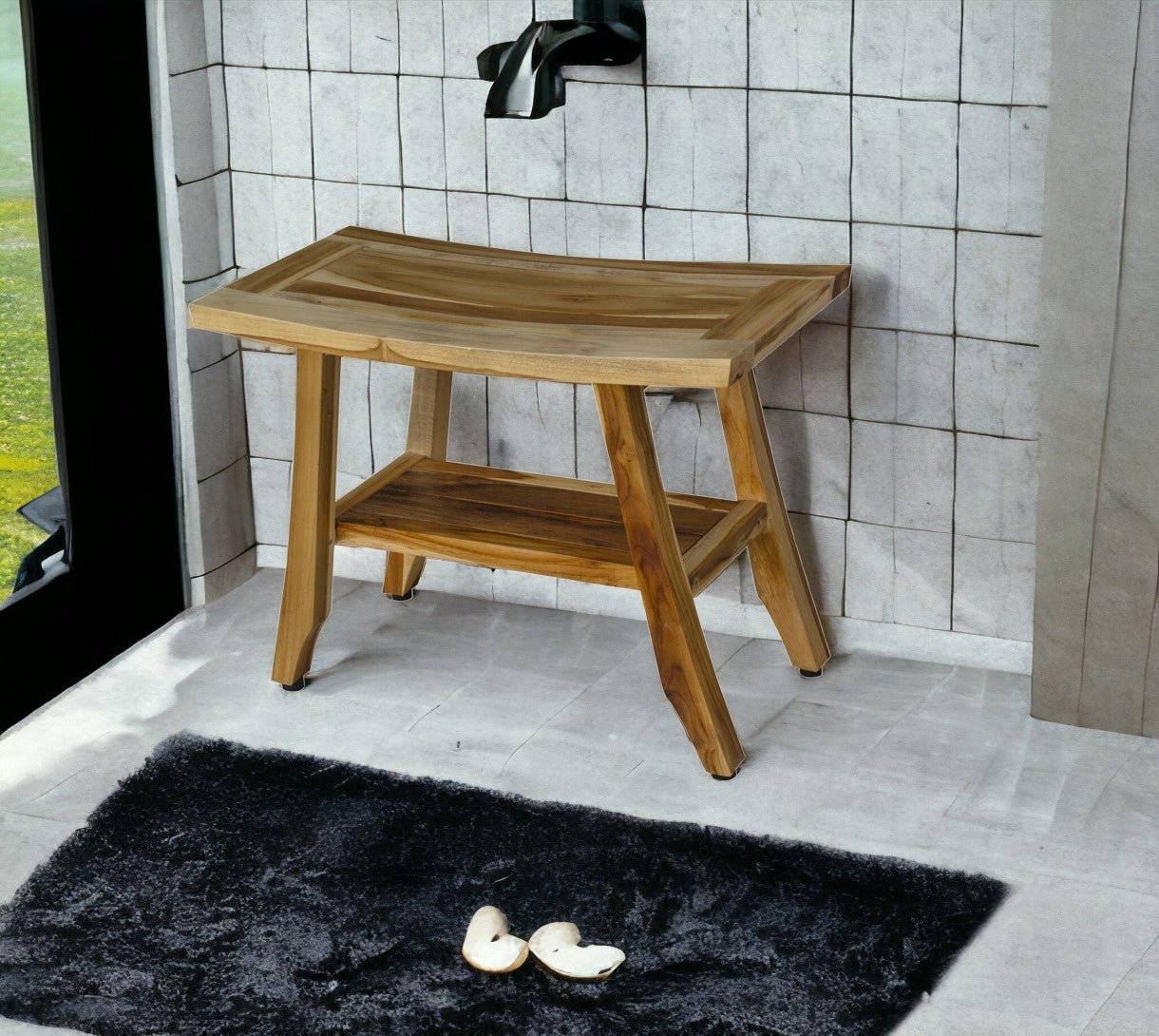 18" X 24" Natural Teak Rectangular Shower Bench With Shelf-My Store