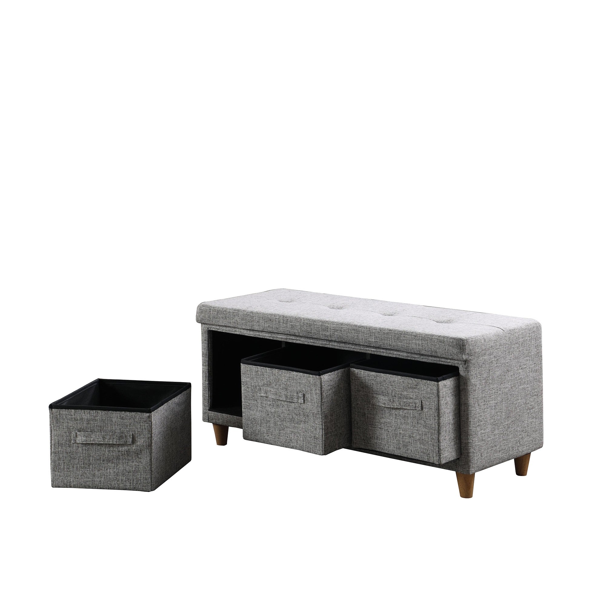 40" Gray and Brown Tufted Fabric Upholstered Storage Bench with Drawers-My Store