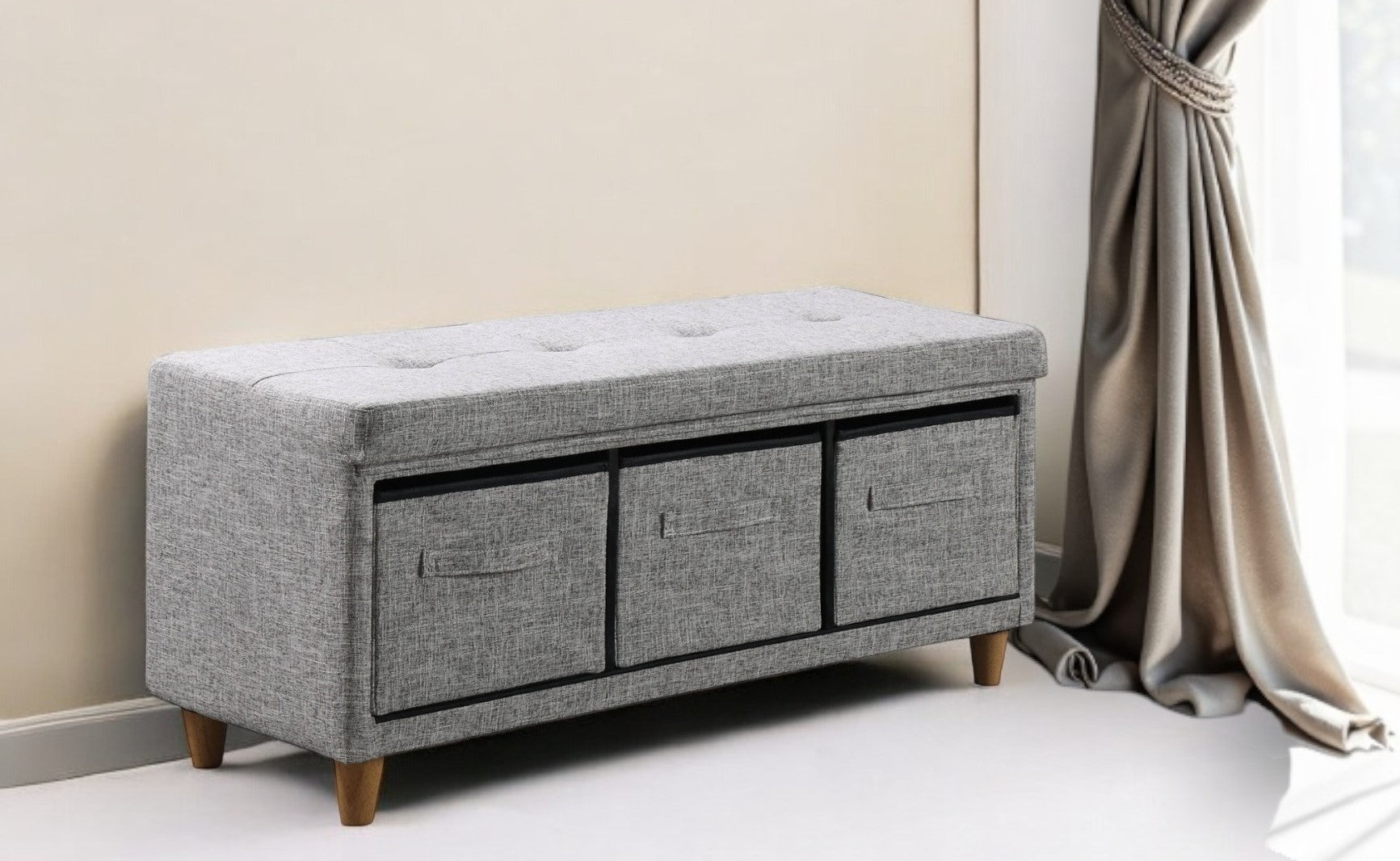 40" Gray and Brown Tufted Fabric Upholstered Storage Bench with Drawers-My Store