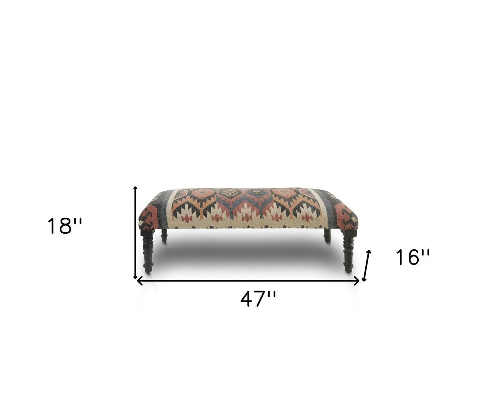 47" Beige Brown and Rust and Black Jute and Wool Blend Upholstered Southwest Distressed Bench