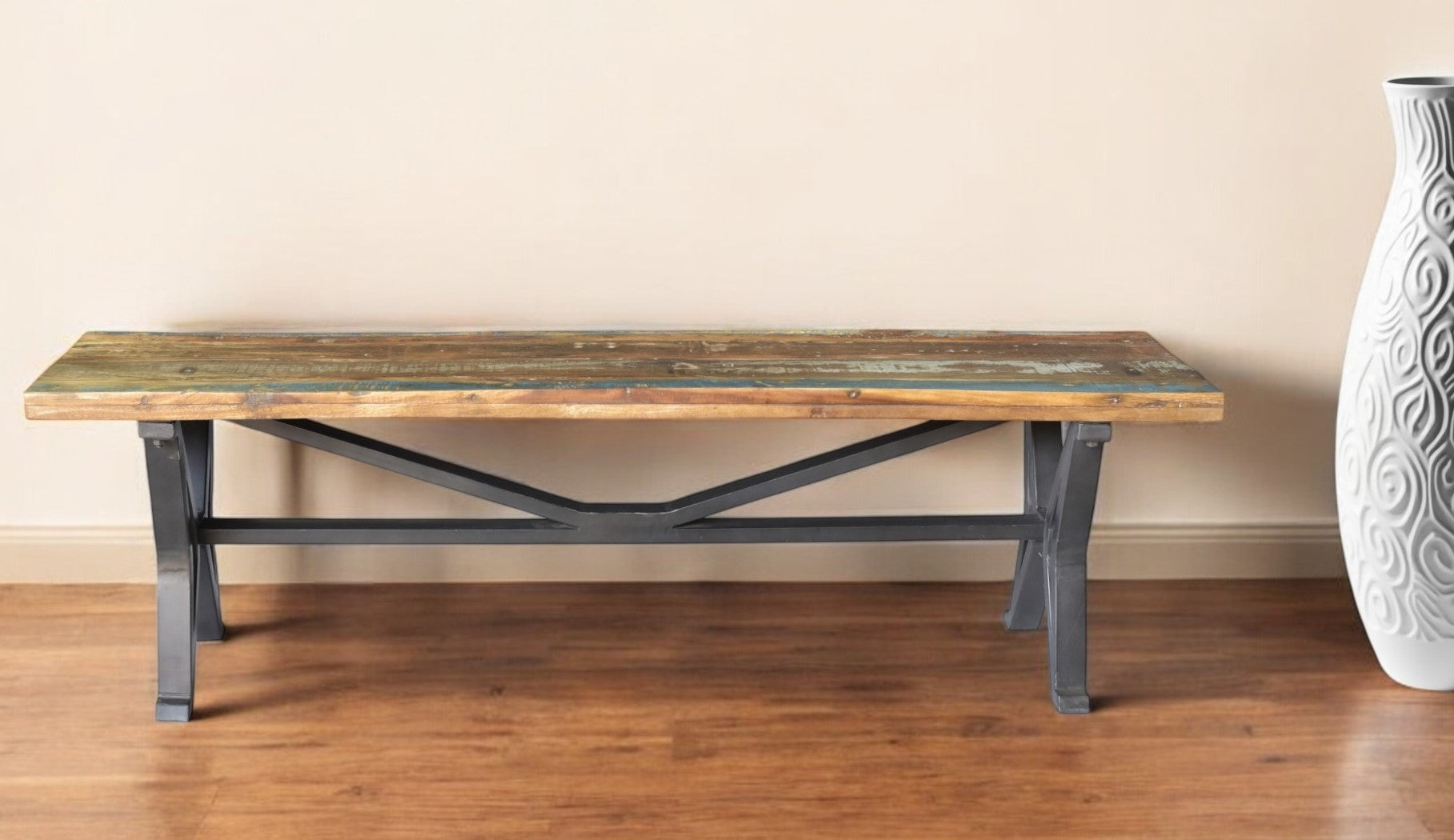 66" Brown and Black Distressed Reclaimed Wood Dining Bench