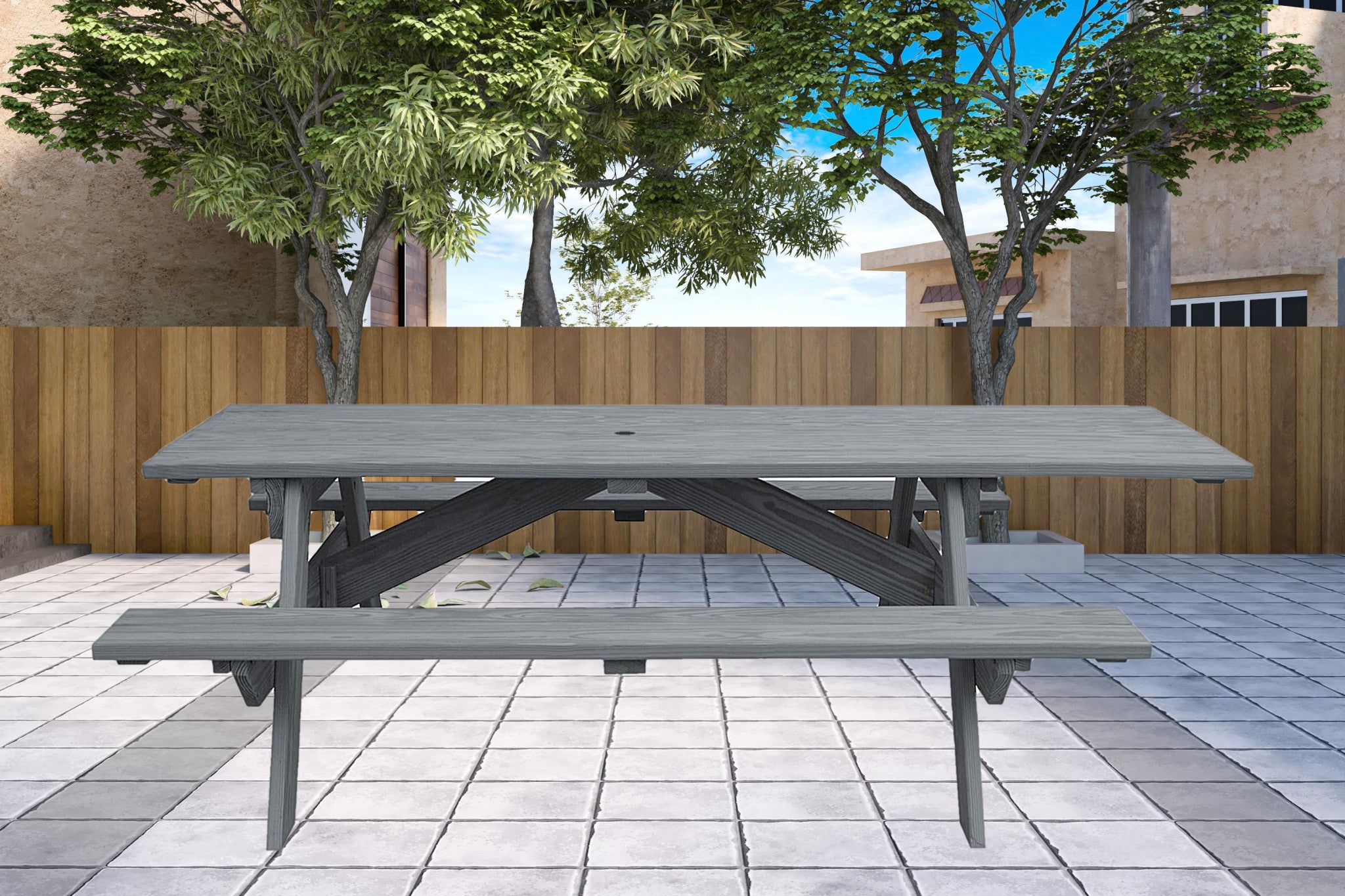 Gray Solid Wood Outdoor Picnic Table Umbrella Hole-My Store